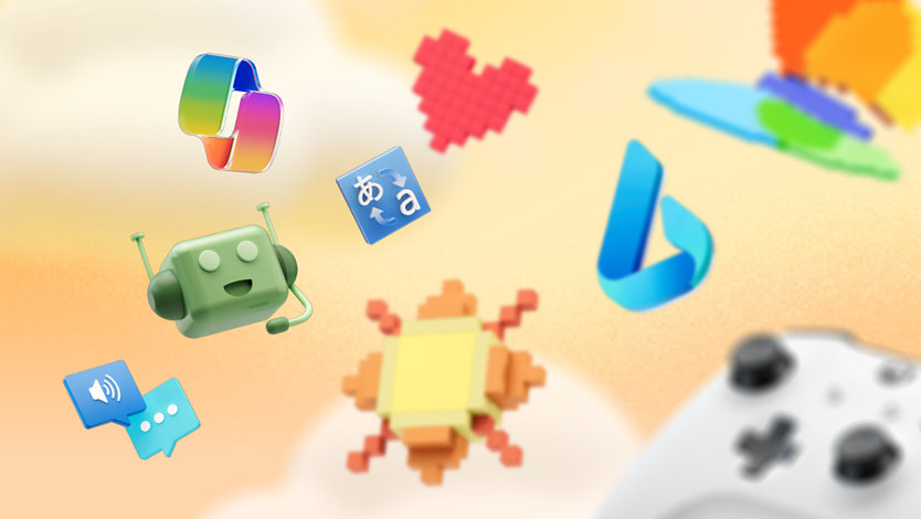 A cloud of icons that reference Microsoft AI advances in search, computing, gaming and more.